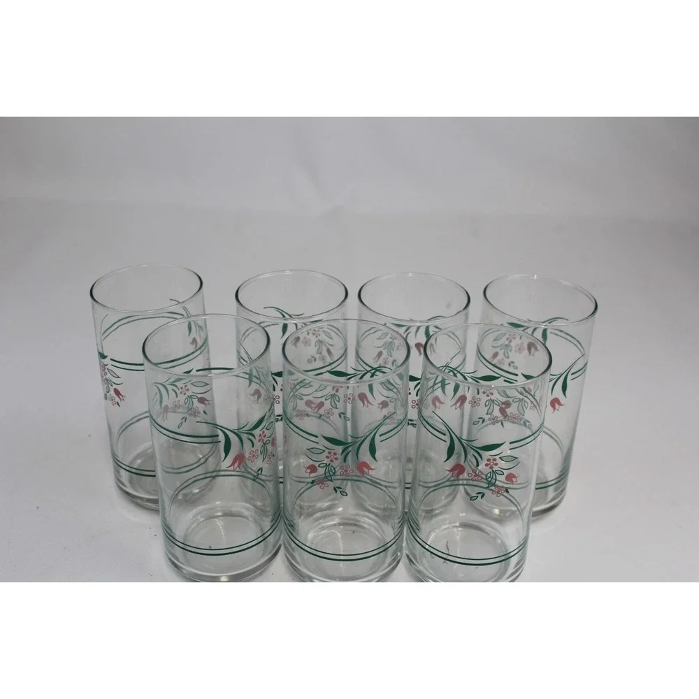 Vintage Libbey Pink Rose Floral Glass Tumbler Set 7 Piece 13oz Retro Drinkware